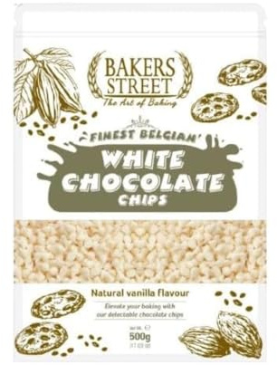 White Chocolate Chips 500g - By Bakers Street - Bake Stable Chocolate For Baking & Desserts - Ideal for Cakes, Cookies, Muffins and Decorating