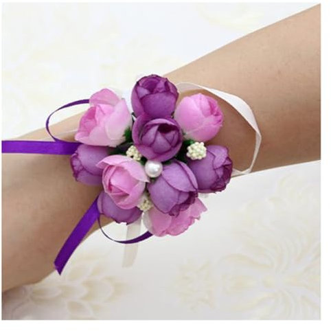 Wisafory 2 Stück Handgelenk Corsage Blume Braut Handgelenk Blume Hochzeitszubehör Bräutigam Brautjungfer Armband Künstliche Blumen Dekor für Hochzeiten, Abschlussbälle, Partys Violett