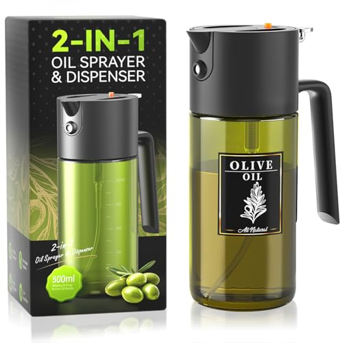 2-IN-1 500ml/17oz Light-Blocking Dark Oil Sprayer for Cooking with Sticker, Dark Green Glass Olive Oil Dispenser Bottle for Kitchen, Even Spray with Portion Control, Perfect for Air Fryer, BBQ - Black