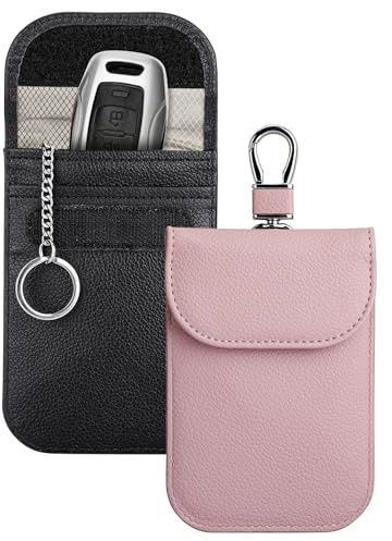 Teskyer 2 Pack Faraday Pouch for Car Keys, Keyless Car Key Signal Blocker Pouch, RFID Key Pouch, with Hook, Key Chain, Black and Rose