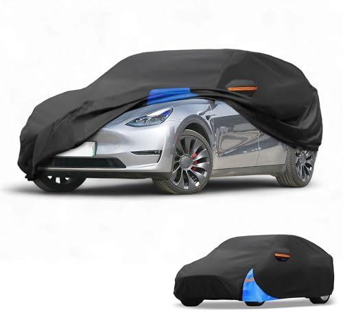 Partuto 210D-PU Full Car Cover for Tesla Model Y 2020-2024 | All Weather Waterproof UV-Resistant Outdoor, Full Cover, Right Side Zipper, Black Blue