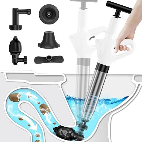 LADYSONS Toilet Unblocker Heavy Duty, Toilet Plunger with 4 Replaceable Heads High Pressure Plunger Kit with Visual Barometer for Unblocking Bathtub, Shower, Floor,Drain and Pipe Clog(White)