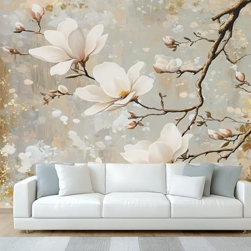 NOGAWA Papier Peint Motif Magnolia, 3D Panoramique Papier Peint Floral Blanc, Papier Mural Decoratif Pour Salon, Chambre, Tapisserie Murales, Décoration Murale 450x315cm