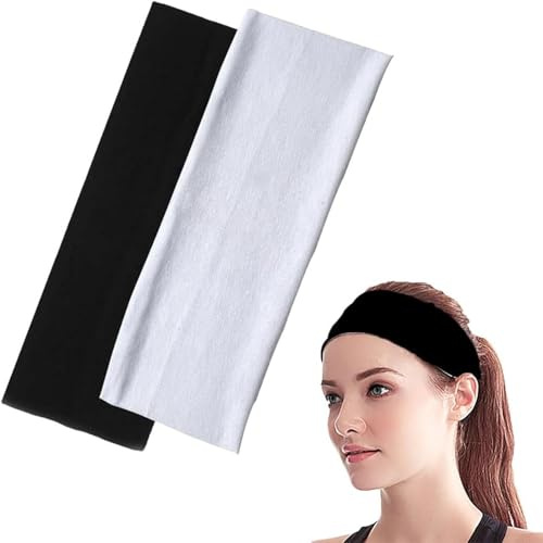 2 Pack 5cm Wide Headbands, Elastic Sweat Headbands, Wide Headband for Women and Men, Soft Breathable Hair Bands, for Women’s Make-up, Yoga, Running and Sport (White & Black)