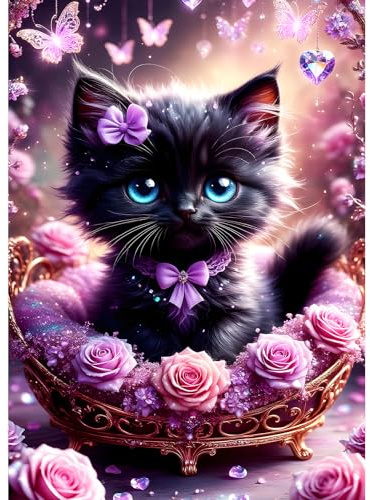 DPHERO Black Kitten Diamond Painting Kits for Beginners Adults,5D DIY Cradle Diamond Art Kits,Round Full Drill Dreamland Gem Art Crafts,DIY Painting by Numbers for Home Wall Decor 12x16 inch