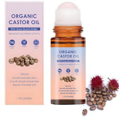 Organic Castor Oil with Rose Quartz Roller, Castor Oil Organic, Bio-Rizinusöl Kaltgepresst mit Rosenquarz-Roller, Natürliche Inhaltsstoffe, Tiefenhydration & Glättung für Alle Hauttypen (1)