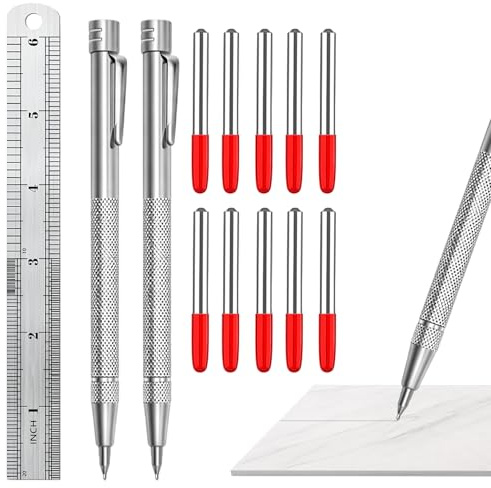13 aiguilles à tracer, 2 aiguilles à tracer en acier au tungstène avec 10 pointes de rechange et règle en acier de 15 cm, pour tracer et graver des carreaux en métal, verre, céramique