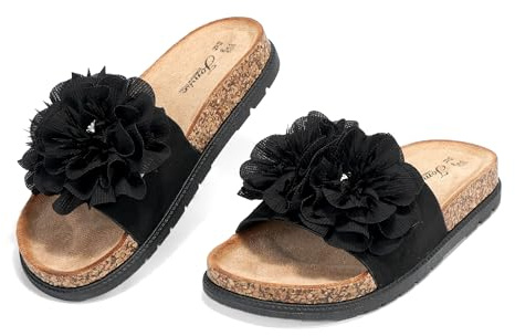 JOMIX Ciabatte Donna Estive Sandali Bio con Fiori per Mare e Casa Pantofole Comode Suola in Sughero Leggere per Spiaggia e Tempo Libero WCF260364, Nero, 38 EU