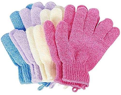 Peeling-Handschuhe von Juvale (4 Paar) - Zur Hautpflege, Wellness - Reinigen Sanft und Effektiv - Vorbeugen gegen Eingewachsene Haare - 4 Farben, Nylon - Unisex - 11,4 cm x 16,5 cm