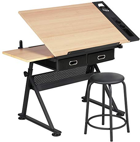 Yaheetech Ritbord arkitektbord justerbar bordsskiva skrivbord skolskrivbord med pall och lådor höjdjusterbart arbetsbord för tekniker arkitekter