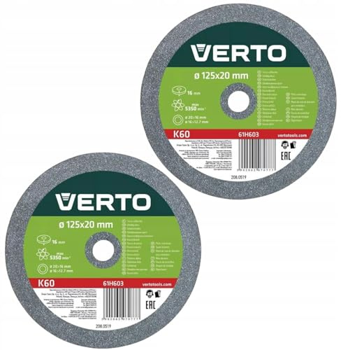 VERTO Schleifscheiben 125 x 20/16/12.7 Dick: 16 mm, 2 Stück | Untersetzungen, Passend, Für verschiedene Schleifmaschinen, Körnung K60, 2 Scheiben inkl, Scheiben zum Metallschleifen