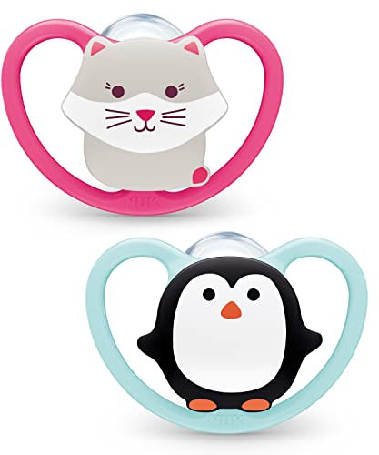 NUK Space Schnuller | 18-36 Monate | Schnuller mit zusätzlicher Belüftung für empfindliche Haut | BPA-freies Silikon | Katze/Pinguin | 2 Stück