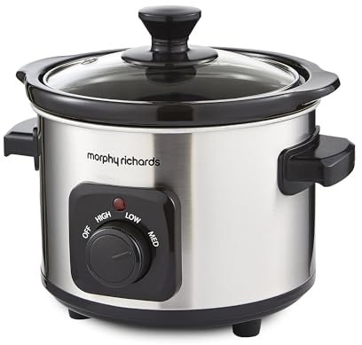Morphy Richards Slow Cooker, 1.5L, Ceramic Pot, Lightweight & Compact, 3 Heat Settings, Stainless Steel Finish, Perfect for Couples, Small Households, Casseroles, Curries, Stews, Chillis, 460300
