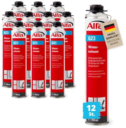 12x Alfa Winterschaum 750 ml Pistolenschaum – PU Montageschaum (9 l) | Profi-Qualität - Frostsicherer Bauschaum bis -8°C - Schallisolation 59 dB - Brandschutzgeprüft