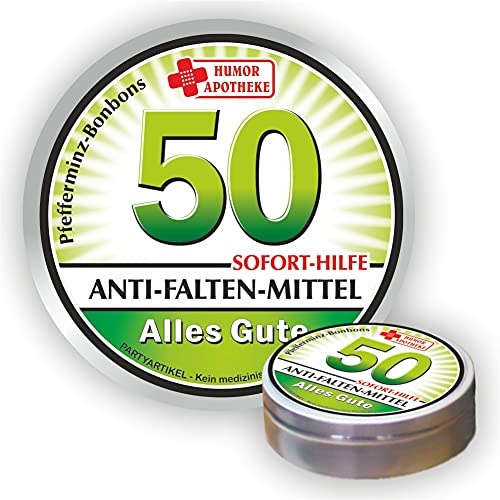 Humorapotheke Pfefferminz Bonbon Metalldose - Zum 50. Geburtstag, Anti Falten Mittel Alles Gute - Soforthilfe | Spaßmedizin Humormedizin | Pfefferminzdragees | Dose Blechdose Pillendose | 55g