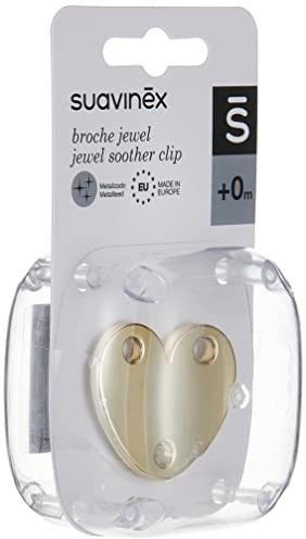 Suavinex, napphållare, nappkedja, napphållare klämma med klämma, brosch – smycken metallisk effekt, för spädbarn + 0 månader, lämplig för nyfödda, hjärtform, guldfärgad