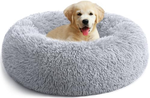 YOJOGEE Calming Donut - Camas para perros pequeños y medianos, gatos, cama para perros, antiansiedad, cama redonda para mascotas, camas ortopédicas cálidas de piel sintética lavable (gris, 50 cm)