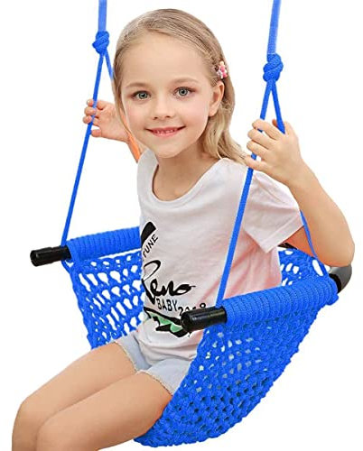kinderschaukel Outdoor,Handgestrickter Bequem und Atmungsaktiv Kinder Schaukelsitz,Höhenverstellbar Schaukel für Outdoor, Indoor, Garten,Spielplatz, Hinterhof Ideal(Color:blau)