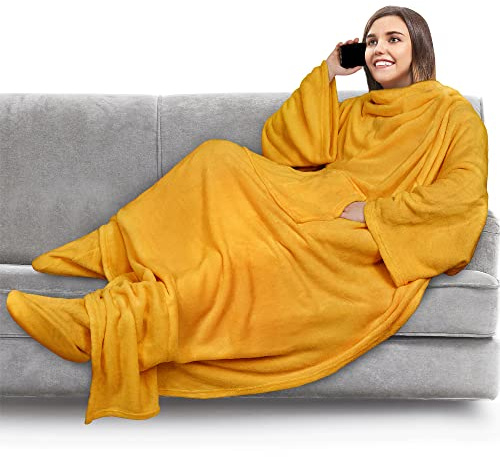 PAVILIA Fleecedecke mit Ärmeln, Fußtaschen für Damen, Herren, Erwachsene, Plüschdecke, Überwurf, warme Decke, gemütliches Geschenk