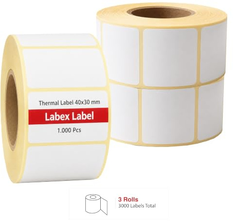 Thermoetiketten 40x30 mm auf Rolle – Preisetiketten Produktetiketten – 3 Rollen 3000 Etiketten – Thermodirekt ohne Farbband – kompatibel mit Zebra, TSC, Godex – Labex Label