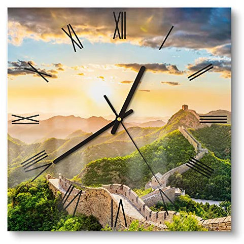 DEQORI Glasuhr | 30x30 cm | Motiv Chinesische Mauer | ausgefallene leise Design Uhr aus Glas | Wanduhr für Wohnzimmer & Küche | moderne Hingucker Uhr für die Wand