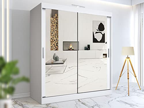 RAC3 Wardrobes for Bedroom with Mirrored Sliding Door & LED Light Premium Wardrobe Storage with Sleek Design comes in Colours Black/White/Grey/Oak- Different Sizes from 120cm - 250cm (White, 180cm)