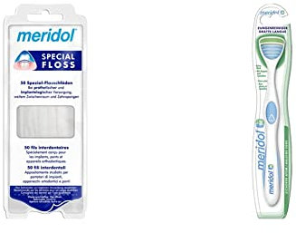 meridol Zahnseide Special Floss, 1 x 50 Stück - zur Reinigung weiter Zahnzwischenräume & Zungenreiniger SICHERER ATEM, 1 x 1 Stück - Zungenreiniger entfernt bakterielle Zungenbeläge