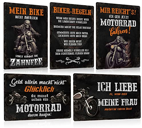 5er Set Retro Motorrad Blechschilder Lustig Spurch 20x30cm - BIKER REGELN - Schild Metallschild Wand-deko Zubehör Geschenkidee für Motorradfahrer Männer Garage und Werkstatt
