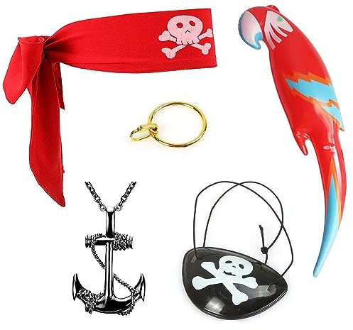 MIVAIUN 5 Stück Piraten Kostüm Set - Augenklappe, Kopftuch, Halskette, Ohrring, Aufblasbarer Papagei für Party Halloween Karneval