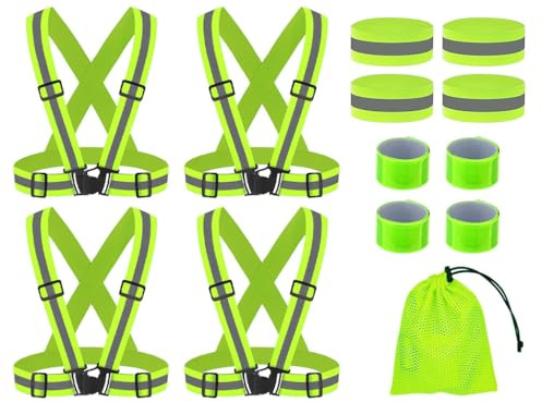 Hitopin 4PCS Seguridad Chaleco Reflectante Moto+4PCS Bandas Reflectoras+4PCS Brazalete Reflectante, Ajustable Visibilidad Alta Chaleco Reflectantes con Bolsa, para Correr,Senderismo,Ciclismo,Carreras