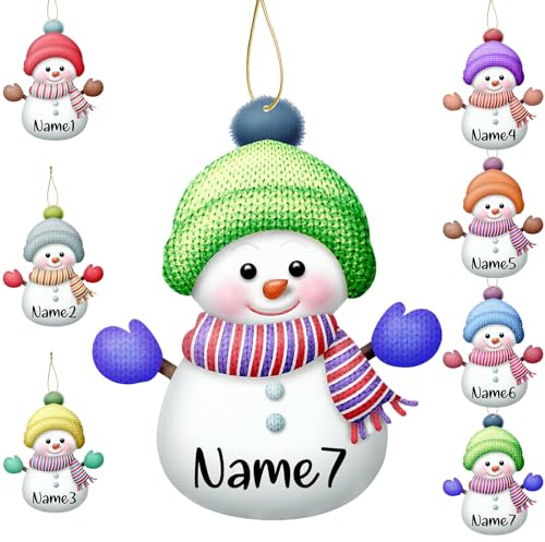 7 Stück Personalisierter Weihnachts-Schneemann-Baumschmuck, Individuelle Ornamente mit Namen für Weihnachten, Individuelle Weihnachtsdekoration, Ornament-Geschenke(Hölzern)