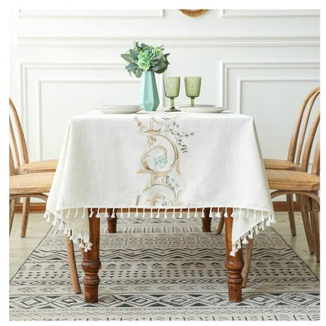 Gualiy Tischdecke Polyester, Tischdecken 140x260CM Tischdecke Abwaschbar Esszimmer Blumen Stickerei mit Quasten Tischdecke für Couchtisch, Weiß