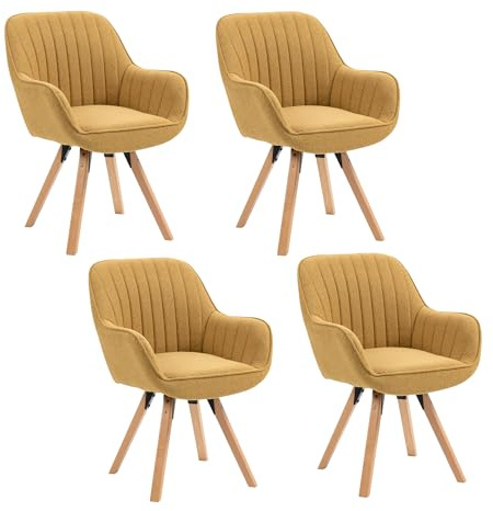 MEUBLE Cosy Esszimmerstühle Drehbar 4er Set Küchenstuhl Polsterstuhl Drehstuhl mit Armlehne Sessel Schminkstuhl aus Stoff Massivholzbeine für Esszimmer Wohnzimmer Arbeitszimmer, Gelb