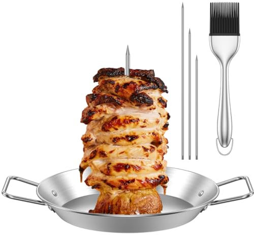 Vertical Kebab Skewer Stand Stainless Steel Chicken Skewers Vertical Skewer Grill Rack with 3 Different Sizes Spikes for Whole Chicken Fish Sausage Steak (Silver + Brush)
