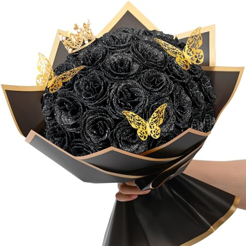 Waipfaru Schwarzer Glitzer-Rosenstrauß, DIY Gefälschte Blumen Blumenstrauß, Immerwährender Glänzender Künstlicher Rosenstrauß für Valentinstag, Jahrestag, Verlobung, Hochzeit, Halloween