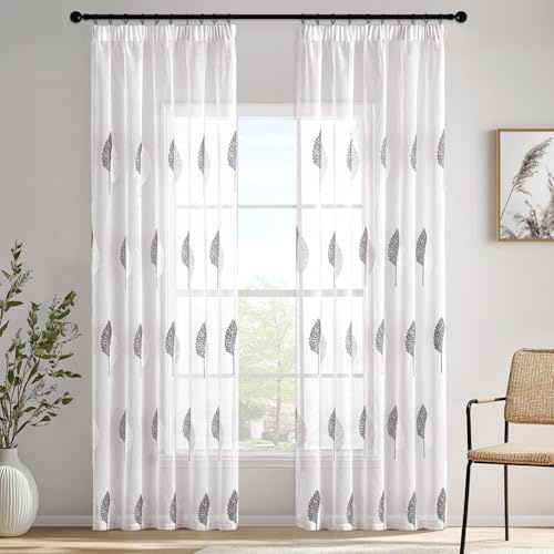 MIULEE Gardine Stickerei Blattmuster 2er Set B140 H200 Grau-Weiß | Transparente Gardine mit Stickerei Blattmuster und Kräuselband, modernes Dekor für Wohnzimmer und Schlafzimmer
