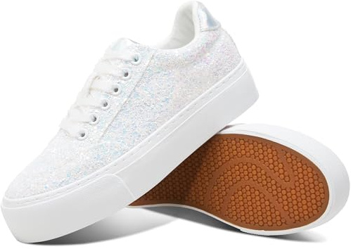 Jeekopeg Glitter Platform Sneakers Women Casual Sequin Sparkly Shoes Bling Thick Sole Walking Shoes Shiny Sequin Wedding Sneakers for Lady(White Glitter,US9)