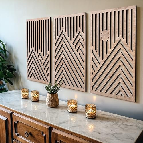 qmmp Moderne Wandskulpturen aus Holz – 3er-Set – Wohnkulturakzent – große Wandkunst für Wohnzimmer, Schlafzimmer, Büro – einfache Installation (Eiche, groß – Berg und Sonne)