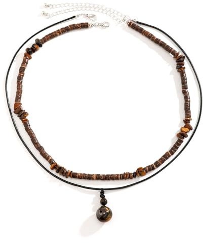 Epinki Halskette Herren Set, Partnerketten Doppelschichten Bead Kugel Kette, Edelstahl Kordelkette Braun, 52CM