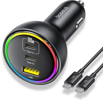 Baseus 152.5W Zigarettenanzünder USB C 3 Ports, RGB Auto Ladegerät mit 100W USB C Kable, KFZ Ladegerät USB Adapter für MacBook Pro/Air, iPhone 16/15/14/13 Serie, Samsung S24/S23, iPad, AirPods, usw
