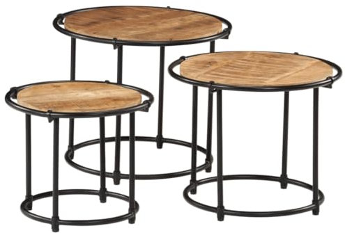 3-TLG. Beistelltisch-Set - Satztische 3 STK., Nachttisch, Couchtisch, Teetisch Set in verschiedenen Größen, für Wohnzimmer, Schlafzimmer, Robust und Langlebig, Raues Massivholz Mango