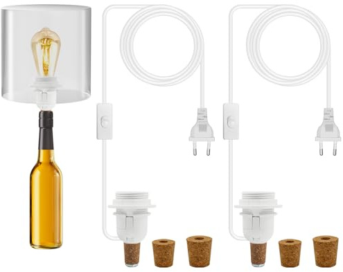 E27 Portalampada per Bottiglia con Interruttore e Cavo 2.4M, Bottle Lamp Kit Portalampada E27 Adattatore, Bottle Lamp Kit per Lampade Fai da Te Bottiglia Bianco 2 pezzi