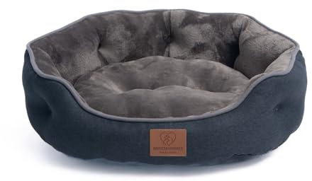 Orthopädisches Premium Katzenbett waschbar Katzen Bettchen - Katzenschlafplatz - flauschiger Plüsch, zweiseitiges Innenkissen für Katzen oder kleine Hunde (S) 51 x 48 x 17 cm dunkelgrau rund
