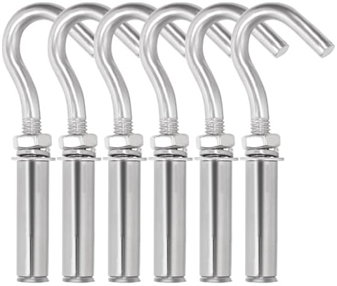 Swpeet 6Pcs M8 Stainless Steel Open Cup Hook Expansion Screws Bolts, Heavy Duty Concrete Wall Hook Anchors, Expansion Hook, Ceiling Hook Bolts, Metal Wall Hangers for Concrete Wall