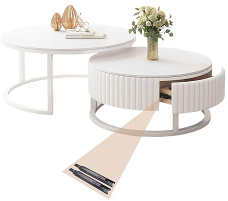 Runder Couchtisch Weiß 2er Set Satztische Fürs Wohnzimmer 50+70cm Wohnzimmertisch Rund Marmor Couchtisch Mit Stauraum Nested Beistelltisch Stabilem Metallgestel Kaffeetisch Mit Montageanleitung
