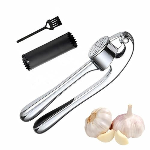 Knoblauchpresse Edelstahl, Küchenhelfer Garlic Press, Knoblauchschneider mit Schälhilfe und Bürste, Spülmaschinenfest, Praktische Handpresse Knoblauch-Presse mit benutzerfreundlichem Griff