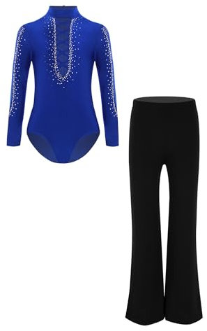 CHICTRY Latein Tanzkleidung Kinder Junge Tanzanzug Langarm Strass Glitzer Body Cut Out Tanztrikot Mit Latein Hose Schlag Leggings Dancewear Blau 158-164