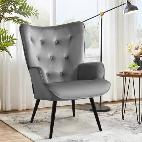 Ckaff Poltrona Salotto, Poltrona Imbottita Scandinava Poltrone Camera da Letto con Braccioli Poltrone Relax in Velluto con Schienale Alto per Camera da Letto Soggiorno, Grigio