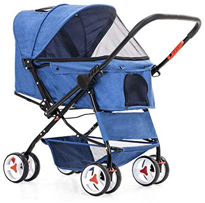 Kinderwagen for Katzen/Hunde, einfach mit einer Hand zusammenklappbar, 4-Rad-Haustier-Hundewagen for mittelgroße und kleine Hunde, umkehrbarer Schiebegriff, Transportwagen for Welpen und Kätzchen(Blue