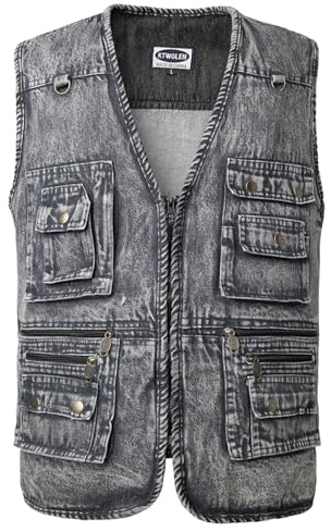 KTWOLEN Gilet en Jeans pour Homme Vintage Multi-poches Gilet de Motard Veste en Jean Sans Manches Rétro Veste Denim Gilet de Pêche Travail Chasse, Charbon, XL